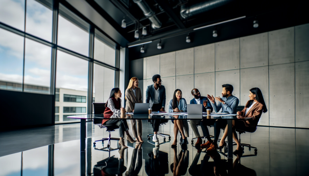 A diverse group of professionals collaborating in a modern office setting