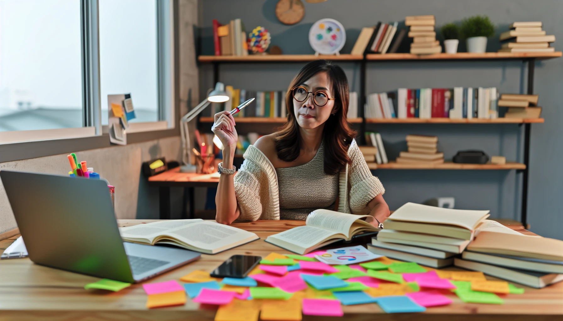 A professional copywriter brainstorming with creative materials on the table